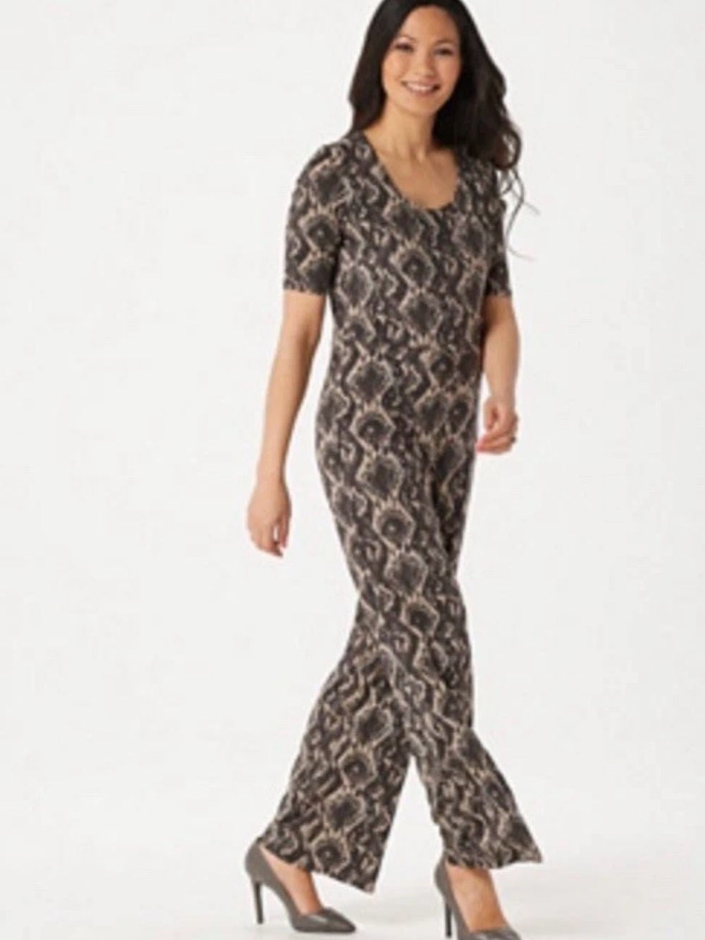 H by Halston Women Regular Snake Jet Set Wide- Leg Surplice Jumpsuit large‎